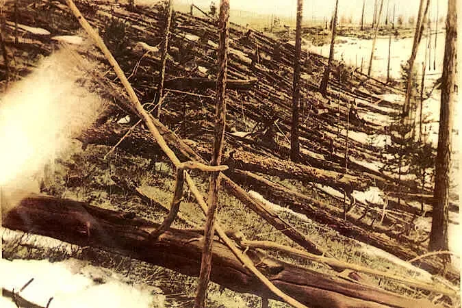 Arhivska crno-bijela fotografija posljedica Tunguske eksplozije iz 1908. godine, koja prikazuje opustošenu sibirsku tajgu s hiljadama stabala oborenih silinom vazdušnog udara u istom smjeru.