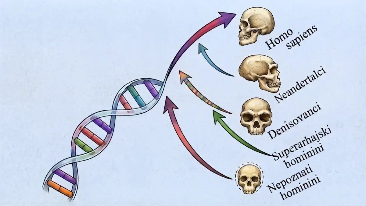 Dvostruka spirala DNK na svijetloplavoj pozadini sa stilizovanim lobanjama s natpisima Homo sapiens, neandertalci, denisovci, superarhaični i nepoznati hominini