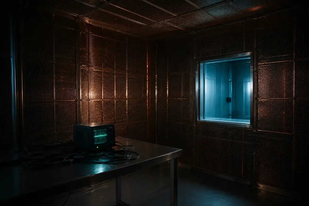 Prazna elektromagnetski izolovana laboratorijska komora noću, sa slabim zelenim sjajem osciloskopa