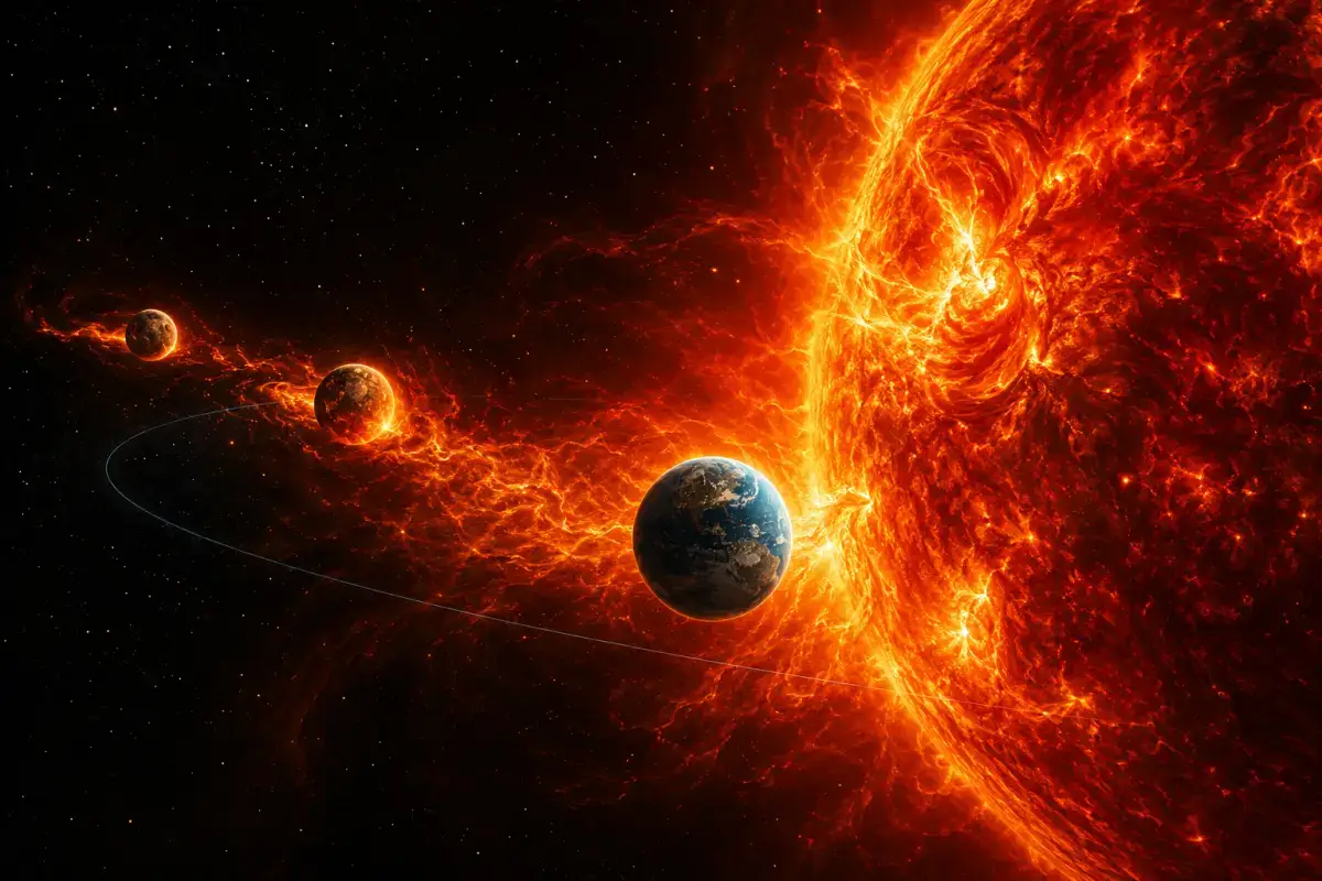 Zemlja na samoj granici širenja Sunca u fazi crvenog džina, dok Merkur i Venera nestaju u užarenoj zvjezdanoj atmosferi tokom završnih faza evolucije Sunčevog sistema.