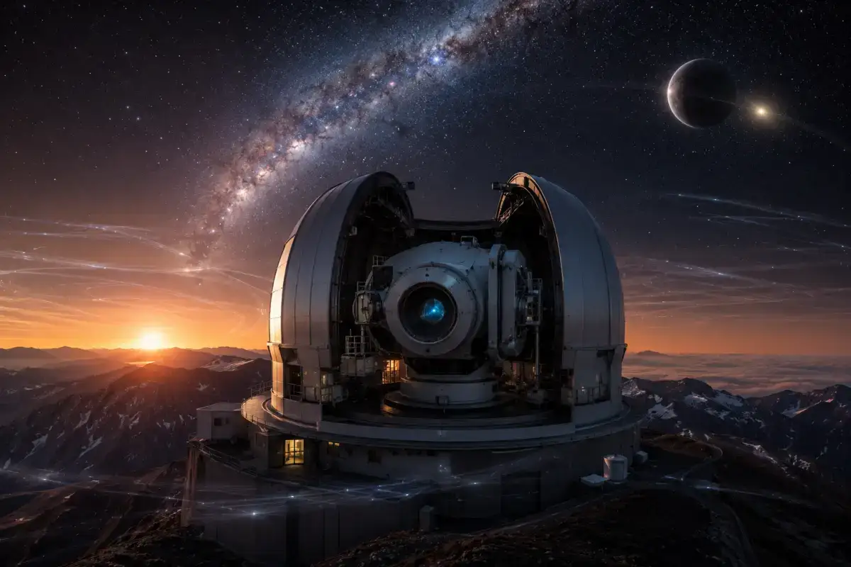 Opservatorija Vera Rubin u čileanskim Andima s astronomskom kamerom pod Mliječnim putem i umjetničkim prikazom Planete Devet.