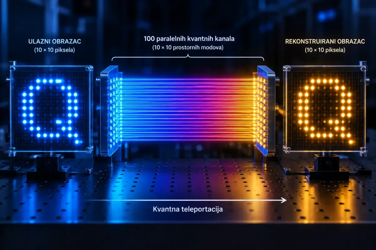 Konceptualna ilustracija kvantne teleportacije slike slova Q kroz 100 paralelnih prostornih modova
