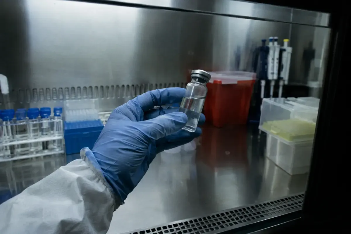 Ruka u rukavici drži staklenu bočicu s bistrom tekućinom u laboratoriju