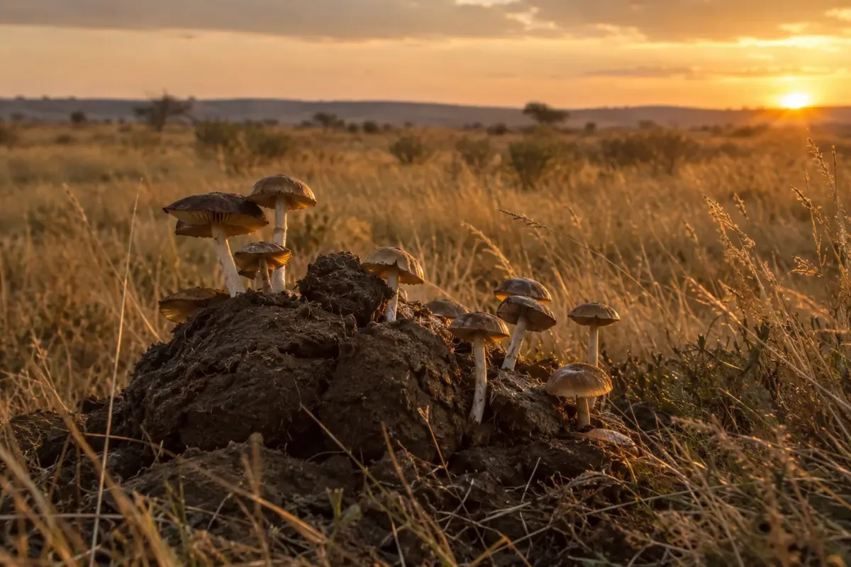 Gljive koje rastu iz balege na afričkoj savani u sumrak