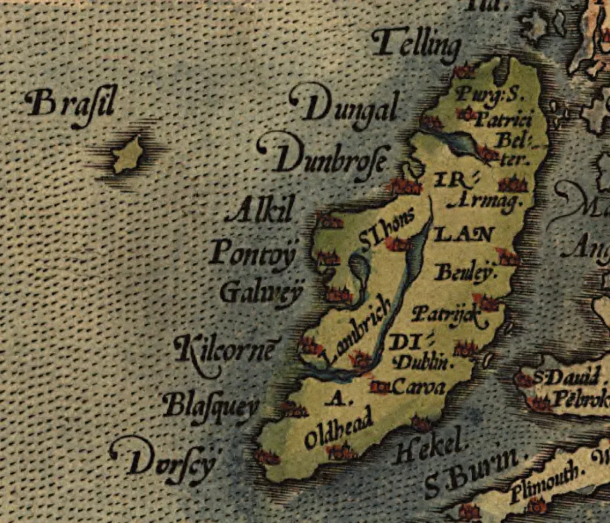 Orteliusova karta Irske iz 1572. godine s fantomskim otokom Brasil