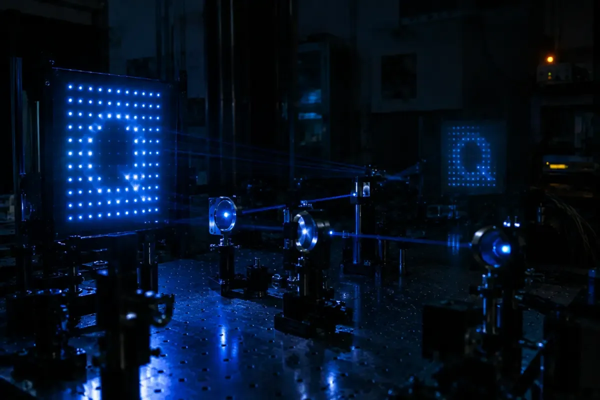 Rešetka od sto tačaka plavičastog laserskog svjetla na tamnom optičkom stolu u laboratoriji
