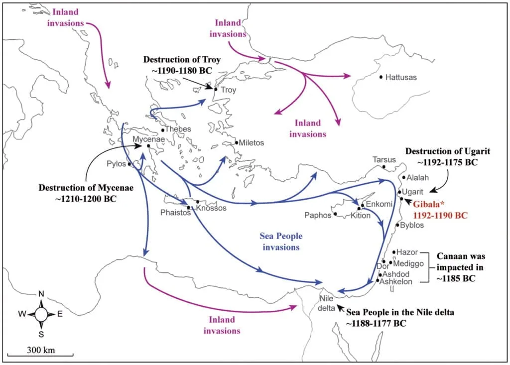 Karta invazija Naroda s mora i kopnenih migracija u Istočnom Mediteranu tokom kolapsa bronzanog doba
