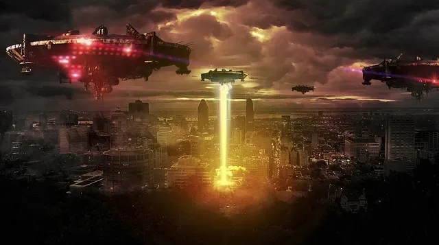 Masivna samoreplicirajuća Berserker sonda ispaljuje snop svjetlosti iznad gradske horizontale, ilustrujući hipotezu autonomnih mašina koje love kroz kosmos
