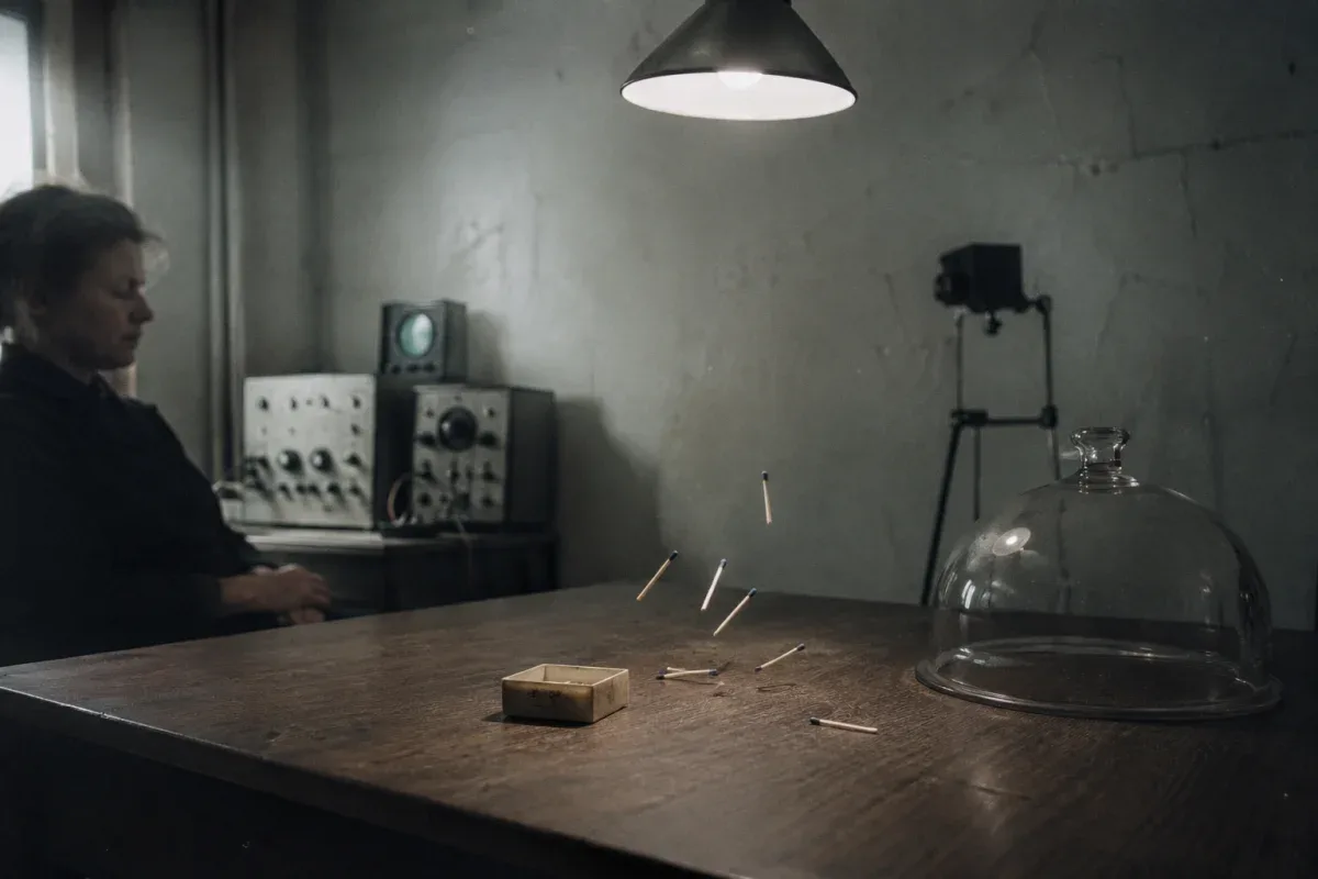 Crno-bijela fotografija iz sovjetskog eksperimenta: predmeti na stolu tokom demonstracije telekineze