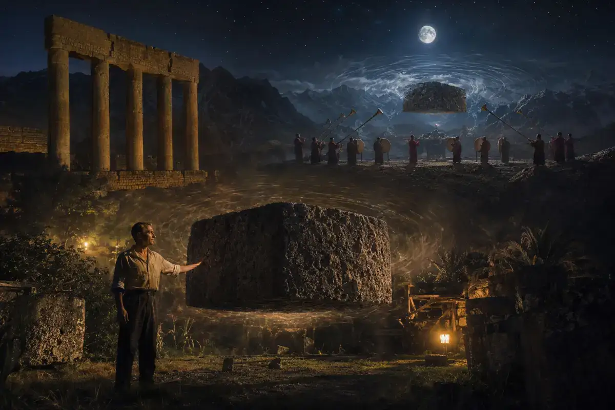 Edward Leedskalnin stoji pored masivnog lebdećeg koraljnog bloka tokom noćne scene inspirisane drevnim misterijama, dok tibetanski monasi izvode ritual pod mjesečinom, a monumentalni kameni blokovi Baalbeka uzdižu se u daljini.