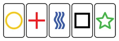 Pet Zener ESP kartica sa simbolima kruga, križa, valovitih linija, kvadrata i zvijezde koje se koriste u eksperimentima telepatije i ekstrasenzorne percepcije.