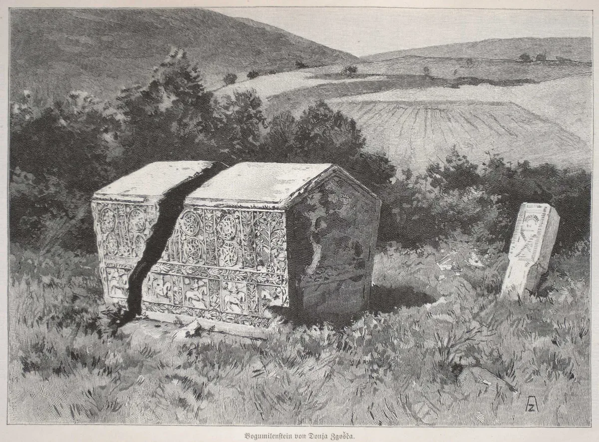 Drvorez Zgošćanskog stećka iz 1901. godine, sa prikazom razbijenog kamena i okolne nekropole