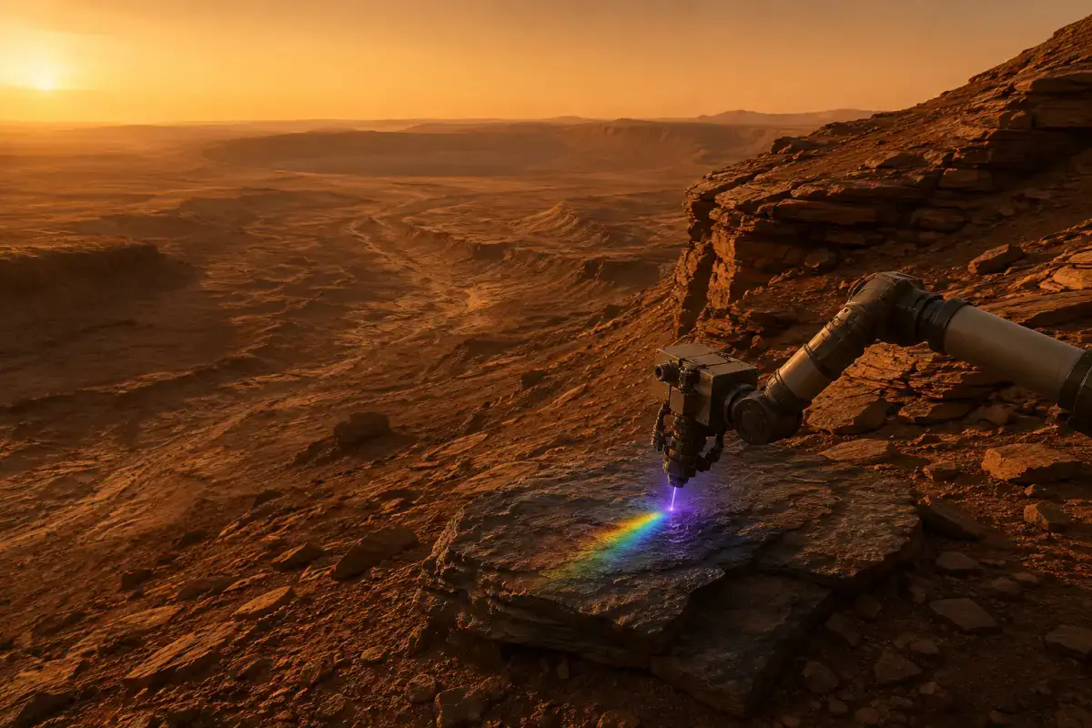 Marsovski pejzaž s robotskom rukom rovera Perseverance koja laserom skenira stijenu Cheyava Falls na izdanku Bright Angel, uz suho korito drevne rijeke Neretva Vallis - ilustracija.