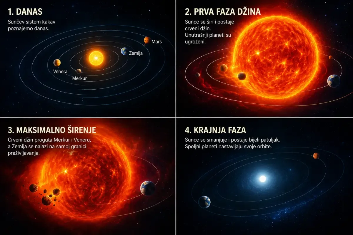 Infografika koja prikazuje četiri faze evolucije Sunca – od današnjeg Sunčevog sistema, preko širenja u crvenog džina, do završne faze bijelog patuljka.