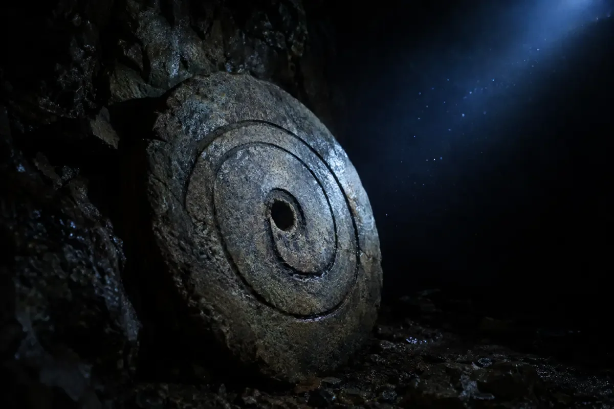 Kameni disk sa spiralnim urezima, osvijetljen hladnim plavim svjetlom u mračnoj pećini