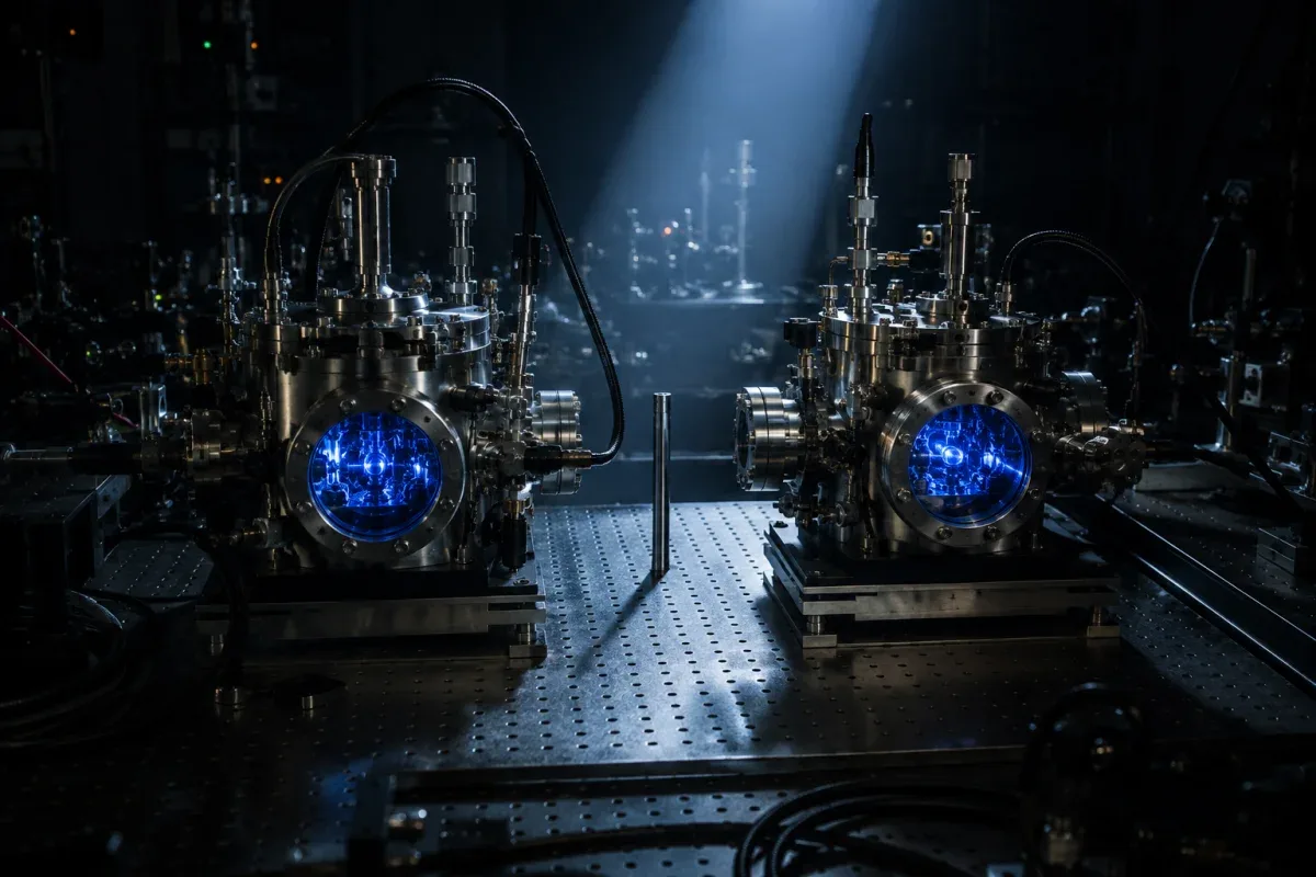 Atomski satovi u zatamnjenoj fizikalnoj laboratoriji, osvijetljeni tankim snopom hladne plave svjetlosti