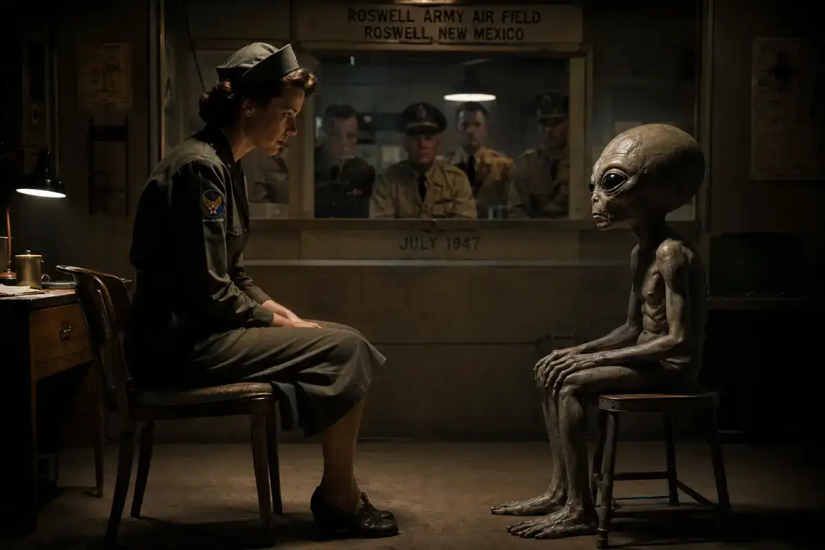 Žena u uniformi američkog ratnog zrakoplovstva iz 1940-ih sjedi nasuprot malom sivom vanzemaljcu u tajnoj prostoriji vojne baze Roswell 1947. godine, dok vojni oficiri promatraju susret kroz staklenu pregradu u atmosferi punoj misterije i napetosti.